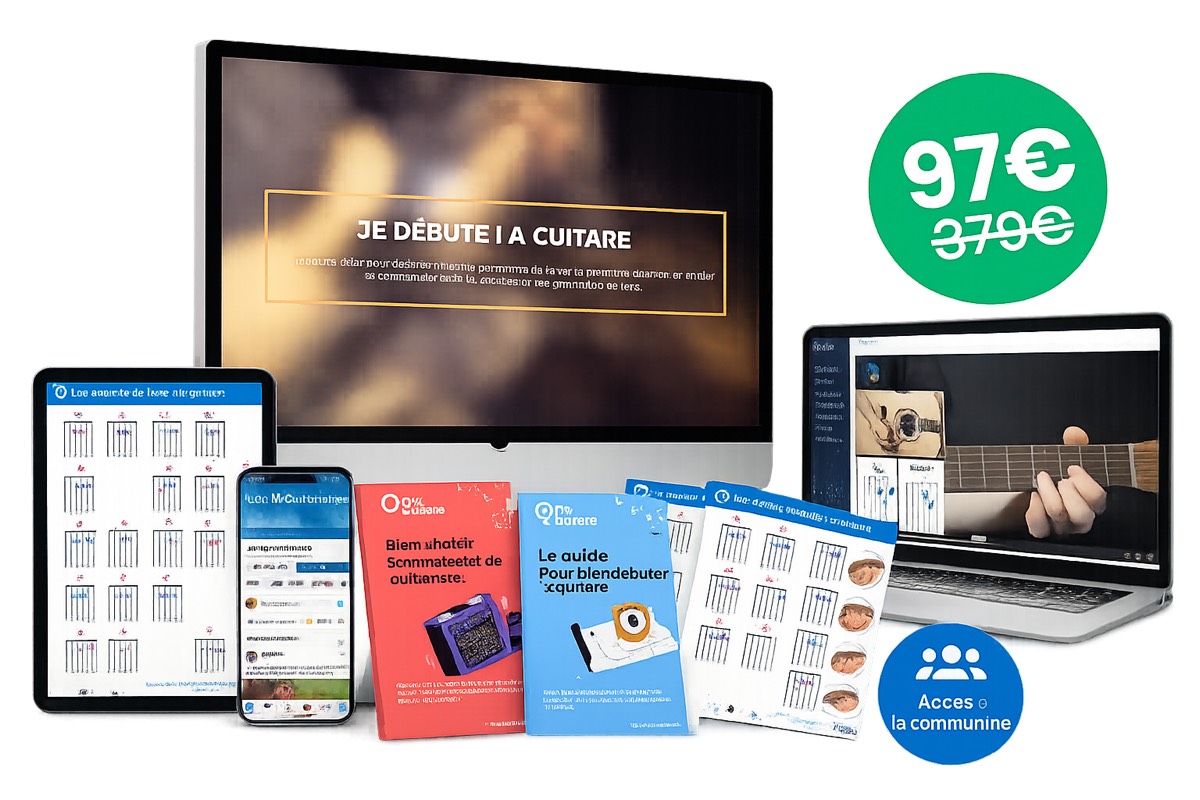 Le Pack Débutant sur ordinateur, tablette et téléphone : cours HD multi-angles, fiches d’accords et communauté